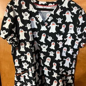 White Cross Halloween Ghost Scrub Top Size 2X